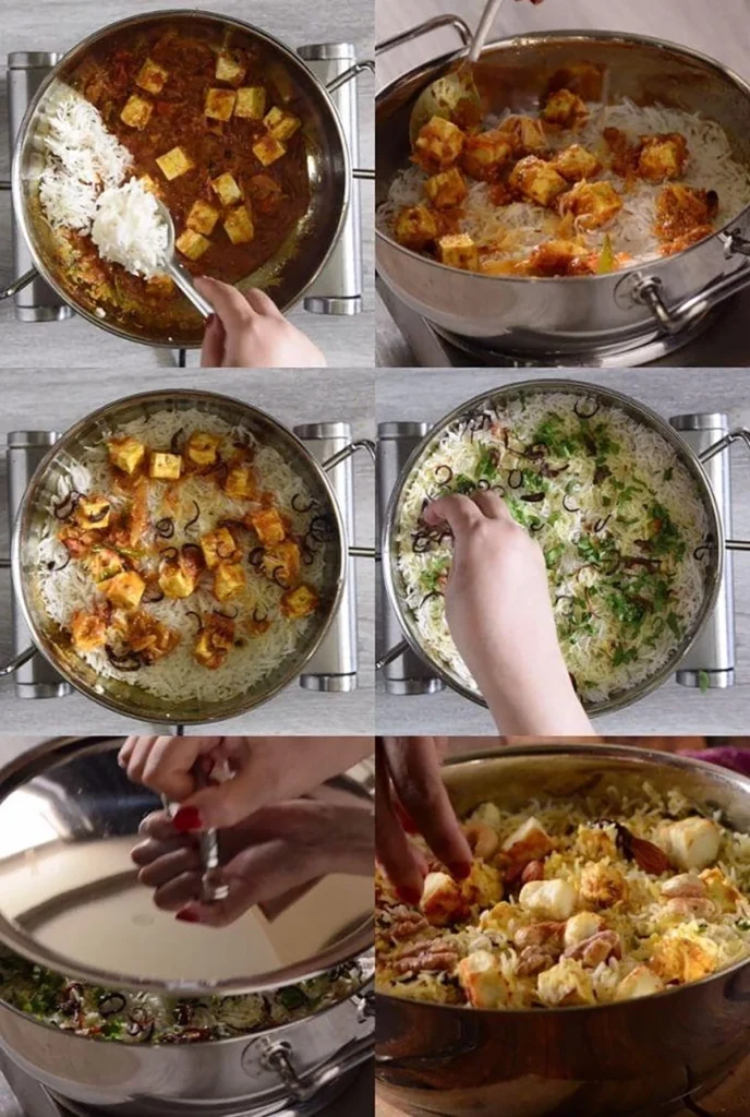 Layering basmati rice, marinated paneer, peas, and herbs for biryani